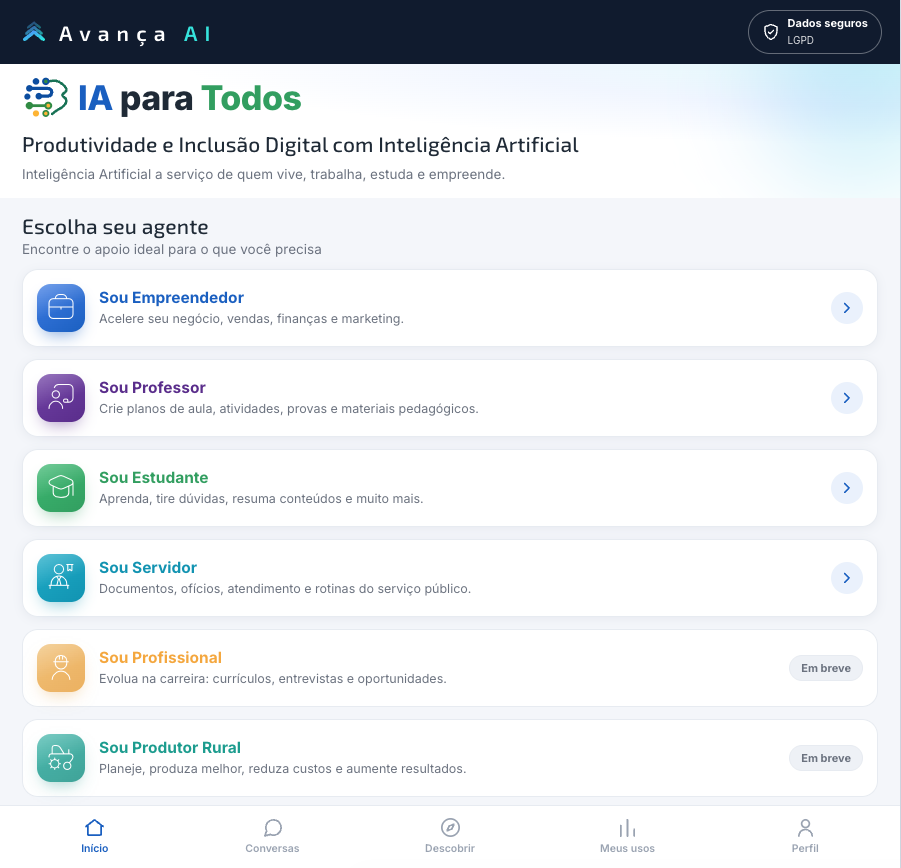 Tela inicial da plataforma IA para Todos